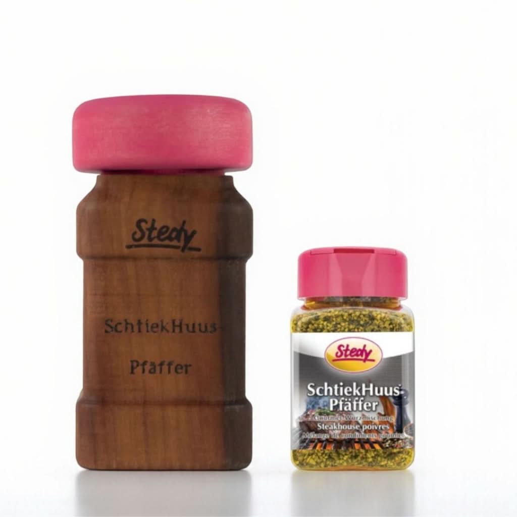 Stedy SchtiekHuüs Pfäffer Holzstreuer und Streuer mit rosa Deckel, freigestellt