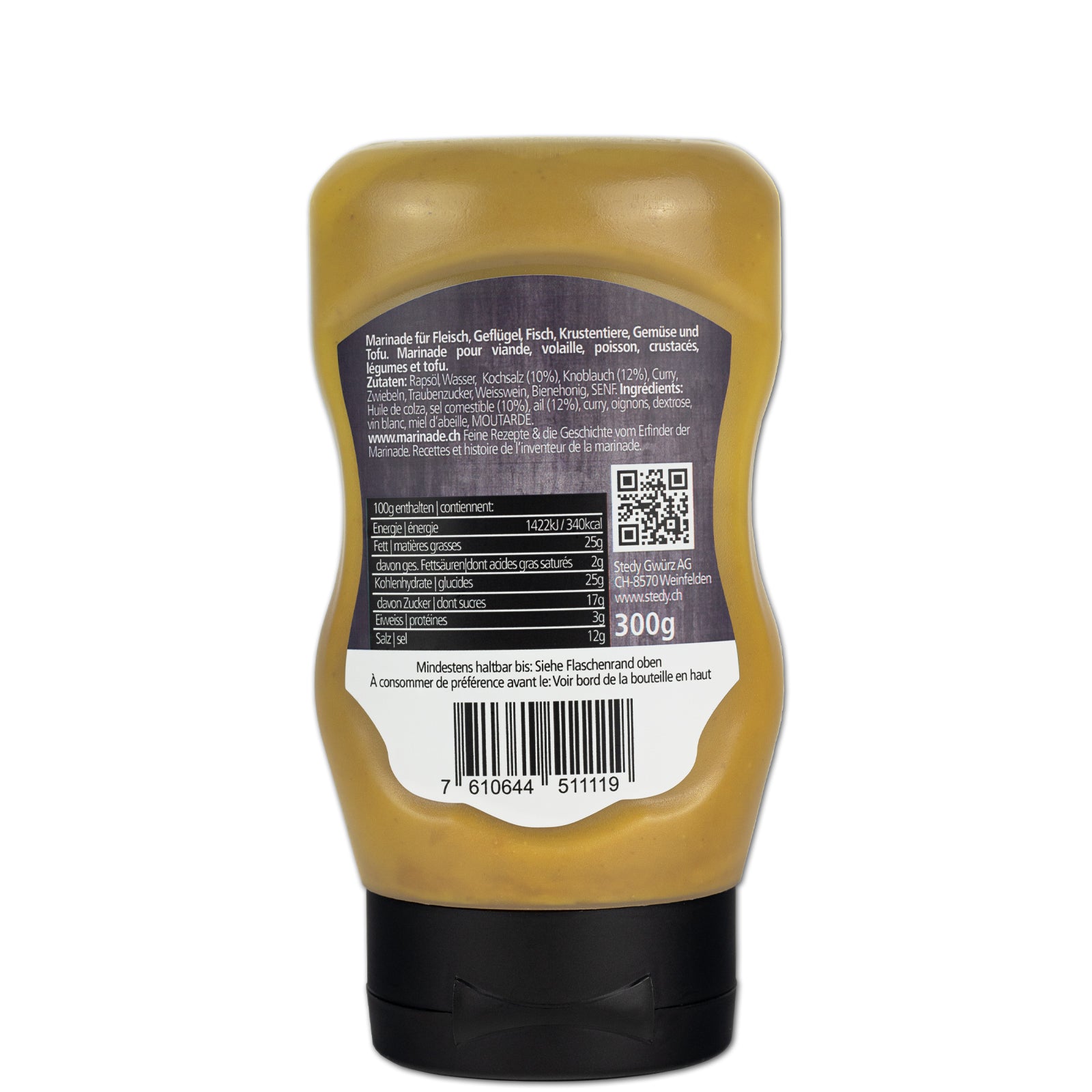 Stedy Chnobli Marinade Rückseite der Squeeze-Flasche mit Etikett