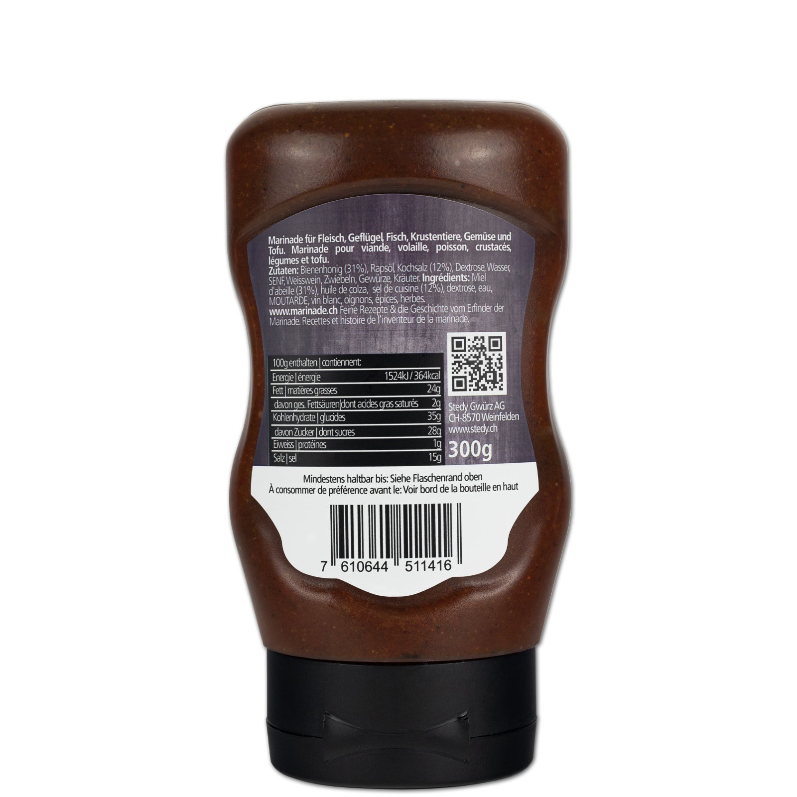 Stedy Honig Marinade Rückseite der Squeeze-Flasche mit Etikett