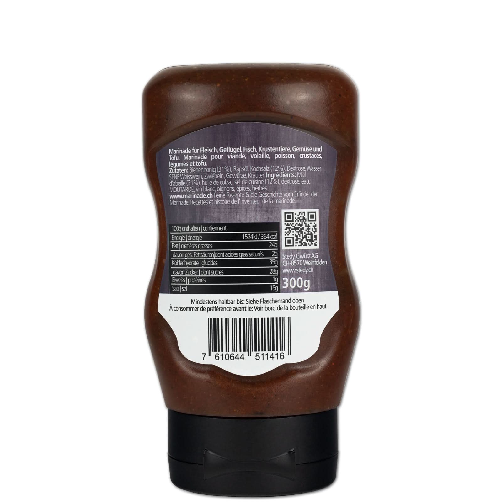 Stedy Honig Marinade Rückseite der Squeeze-Flasche mit Etikett