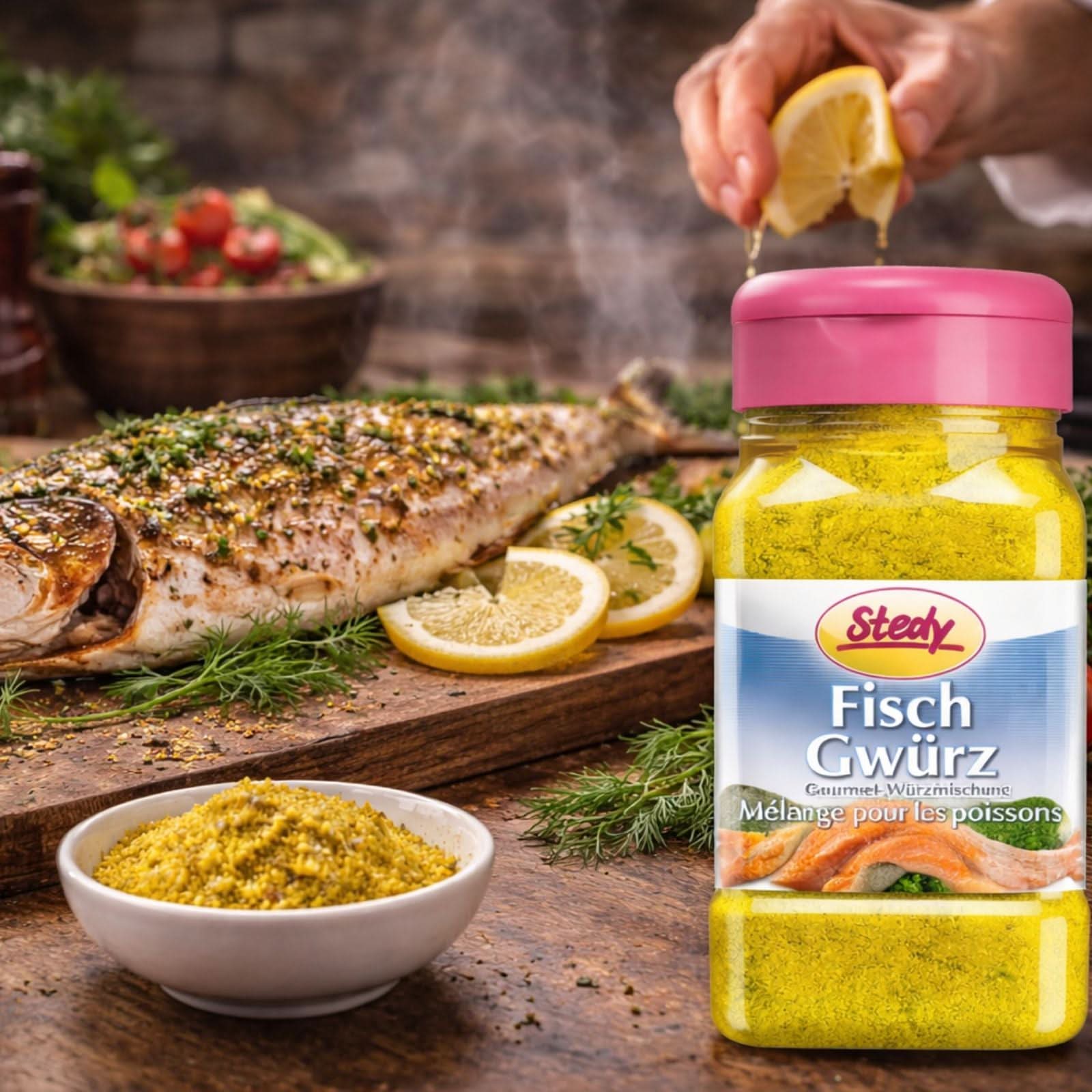 Stedy FischGwürz neben gegrilltem Fischfilet mit Zitrone und Kräutern in gemütlicher Küchenumgebung.