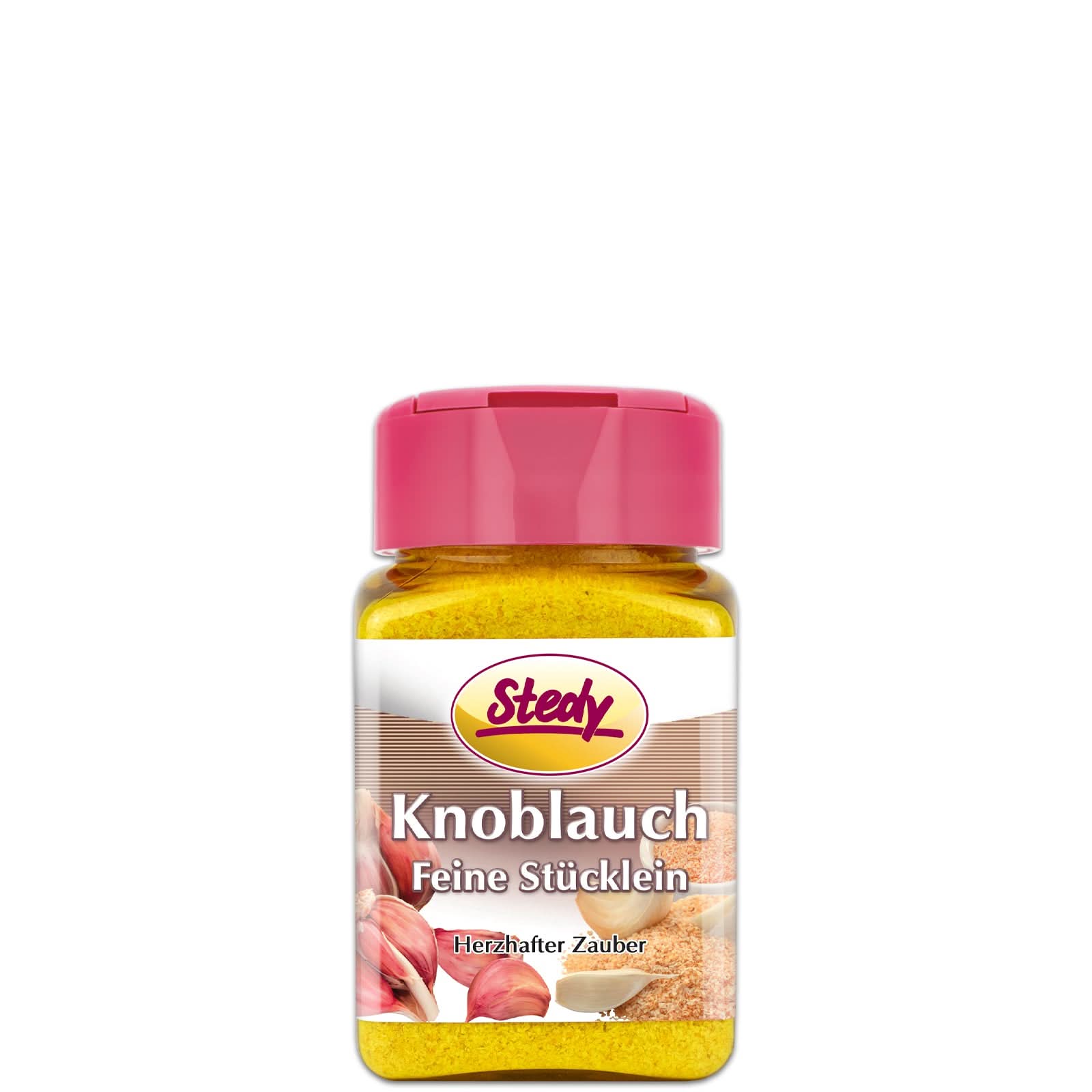 Stedy Knoblauch feine Stücklein im Gewürzstreuer mit pinkem Deckel, freigestellt