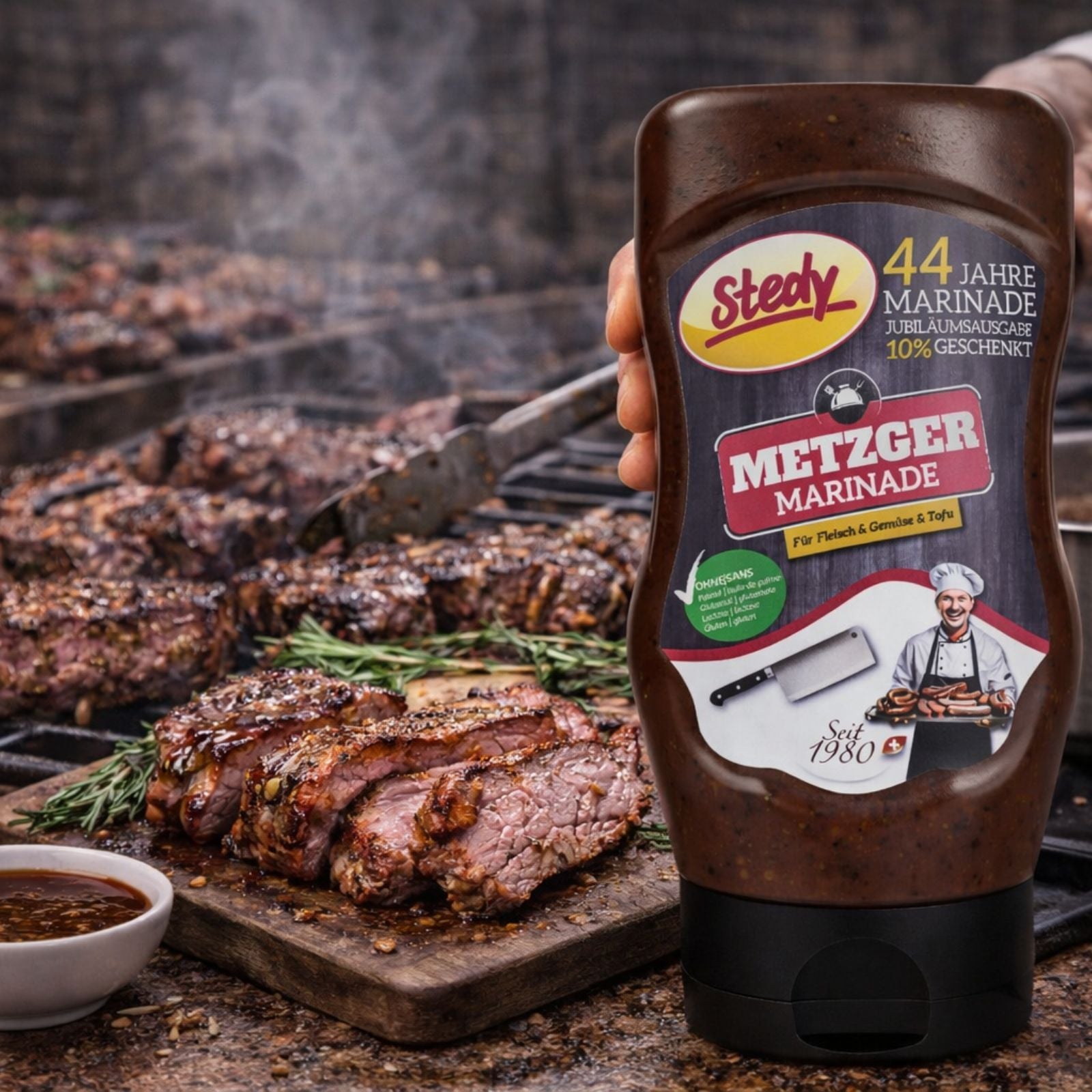 Stedy Metzger Marinade beim Marinieren von Grillfleisch, Anwendungsszene