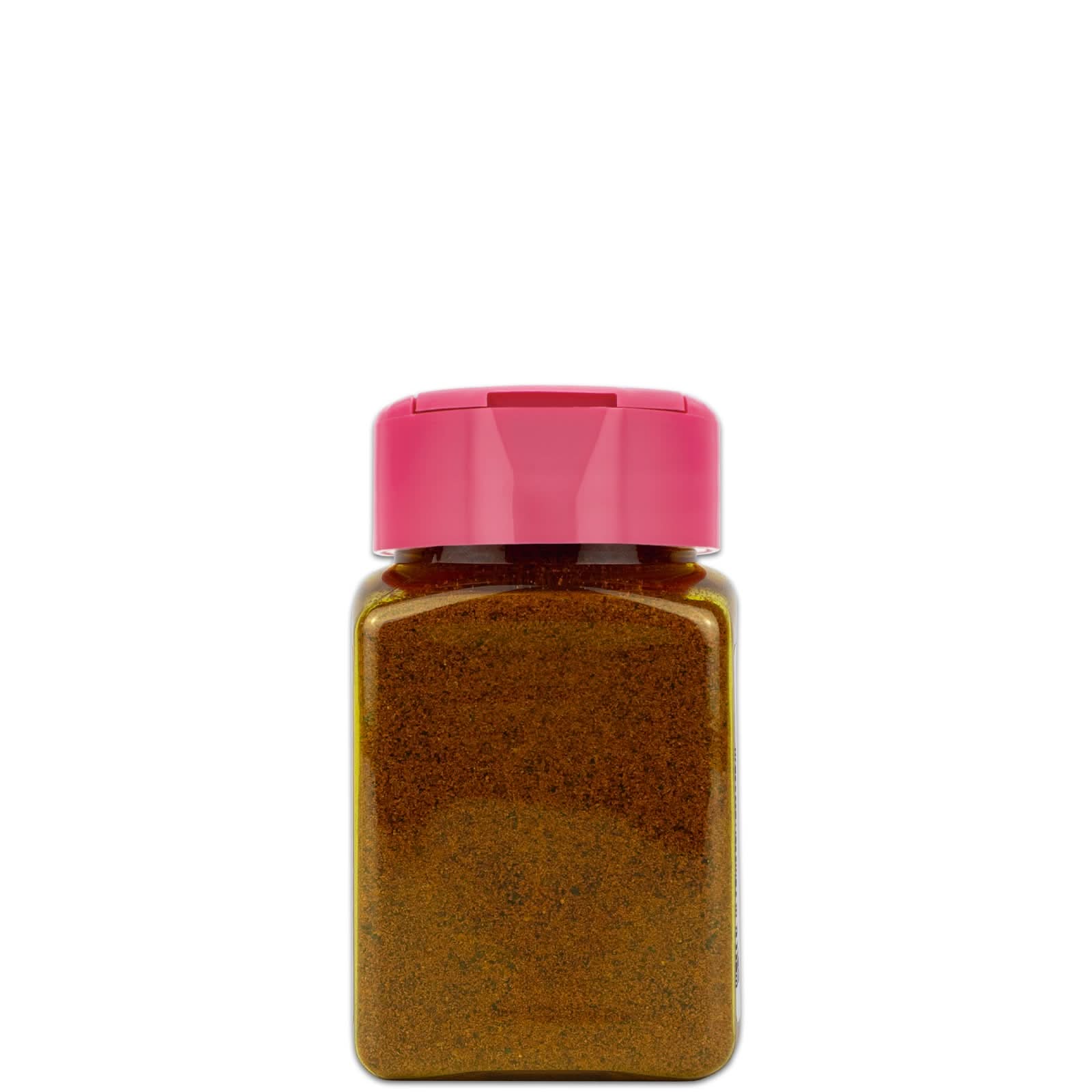 Gewürzstreuer mit fein gemahlener Muskatnuss, Rückansicht vor weissem Hintergrund