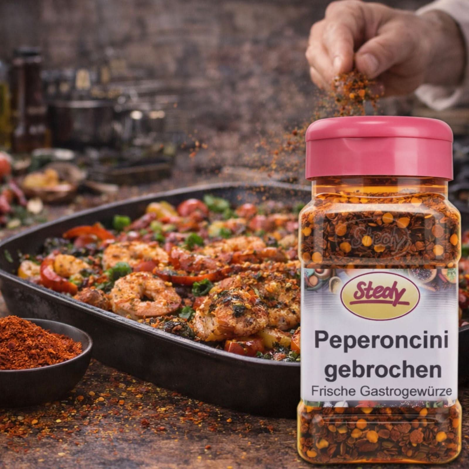 Peperoncini gebrochen Gewürz von Stedy – Anwendung beim Würzen von Ofengemüse
