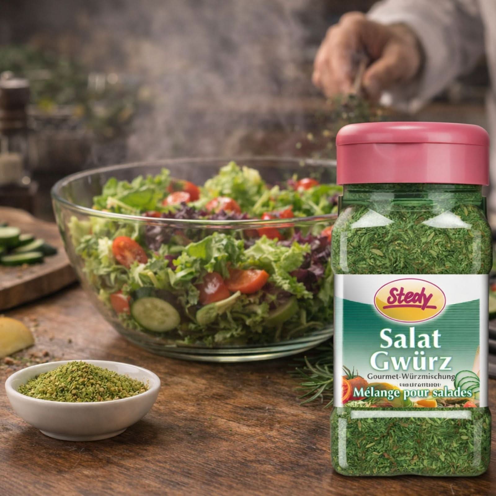Stedy SalatGwürz neben frischem Salat in einer Küche – mit Einsatzbeispiel