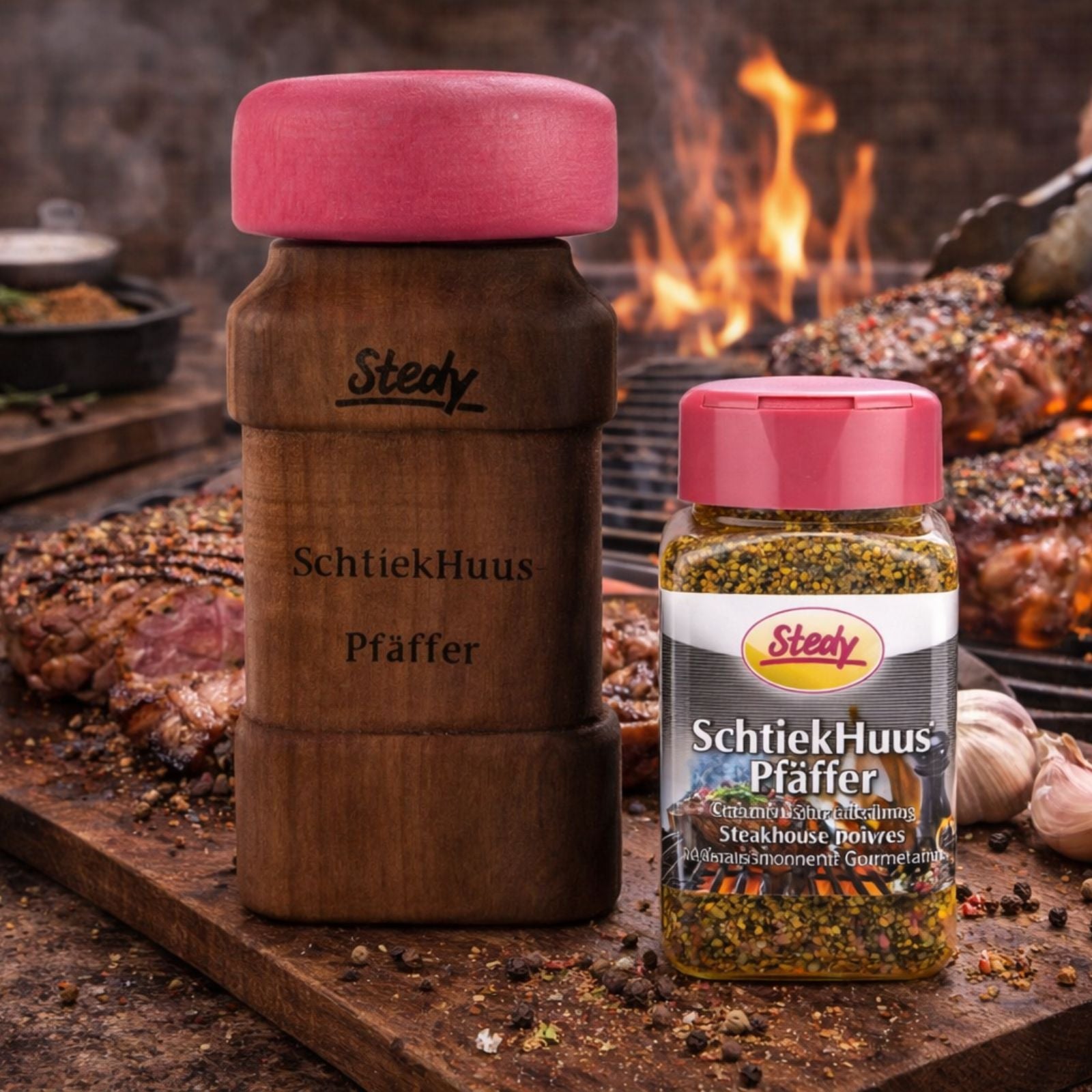 Stedy SchtiekHuüs Pfäffer Holzstreuer und Gewürzstreuer auf Grillplatte mit Flammen