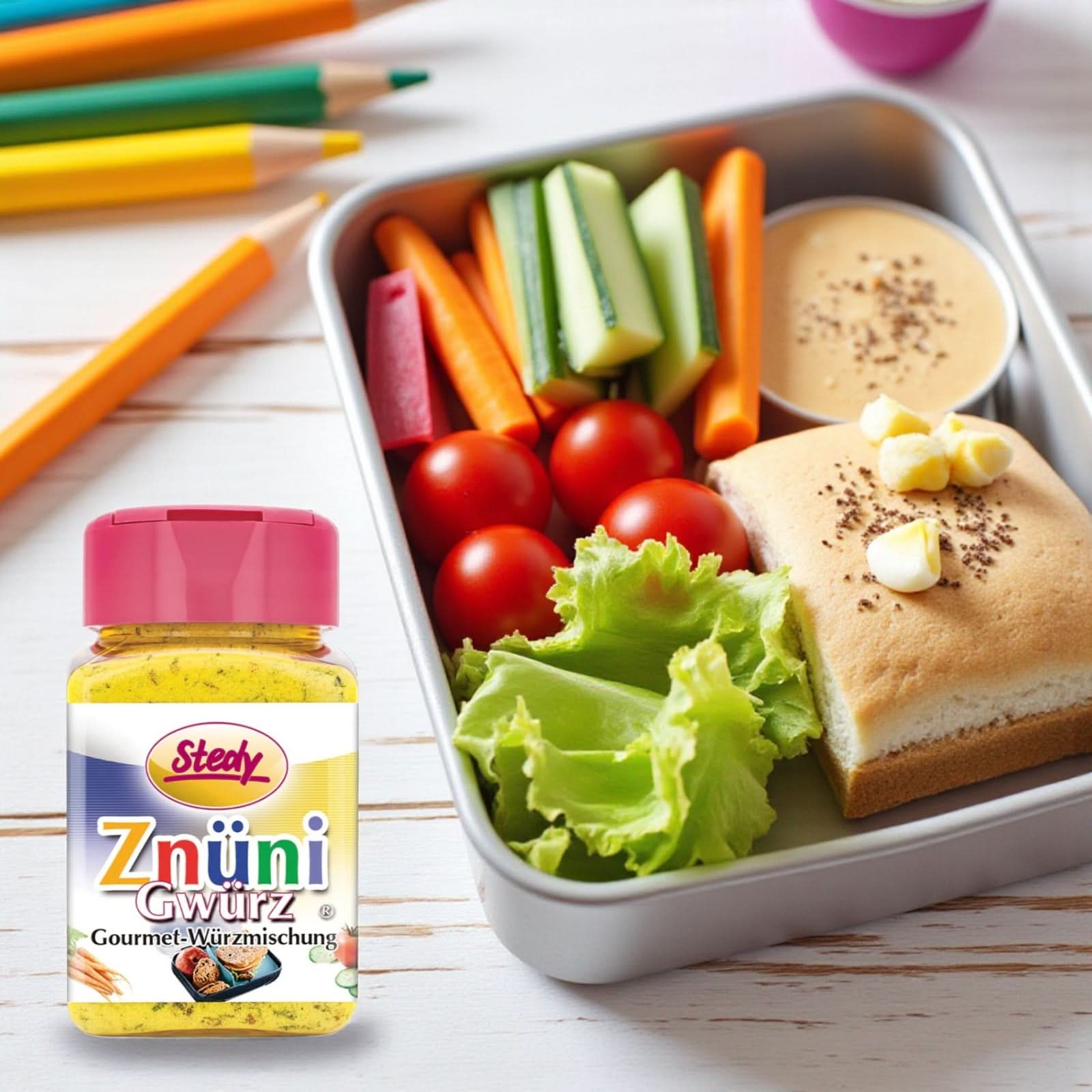 ZnüniGwürz mit Lunchbox und farbigem Gemüse