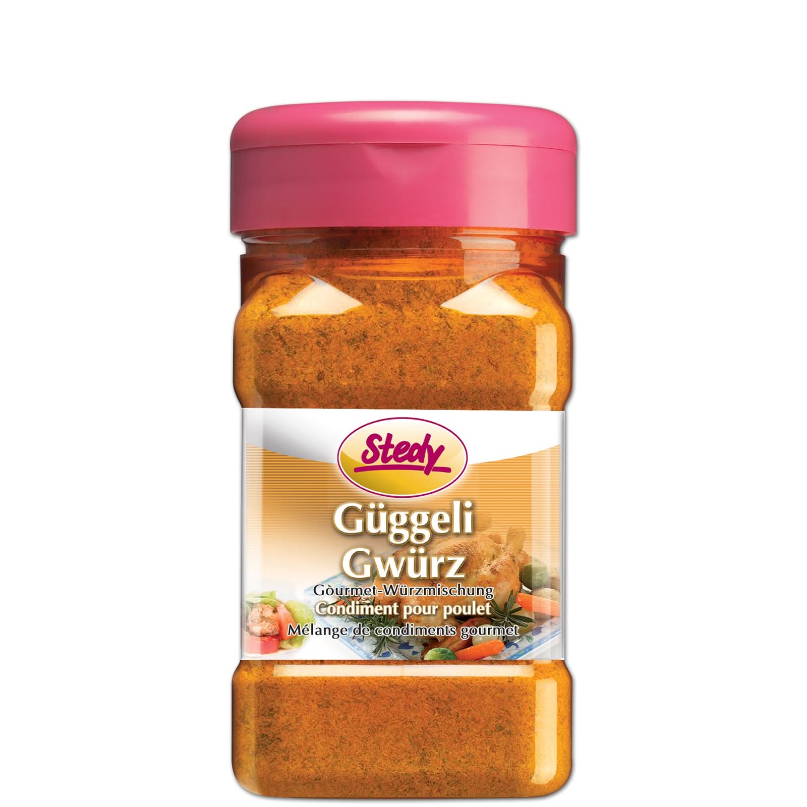 Produktabbildung des Stedy GüggeliGwürz in der klassischen Dose mit pinkem Deckel.