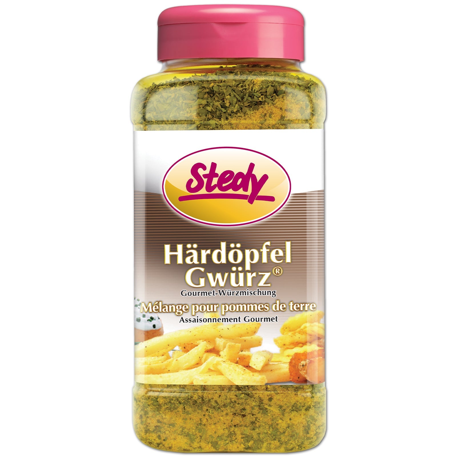 Stedy HärdöpfelGwürz im grossen Streuer mit Serviervorschlag auf dem Etikett