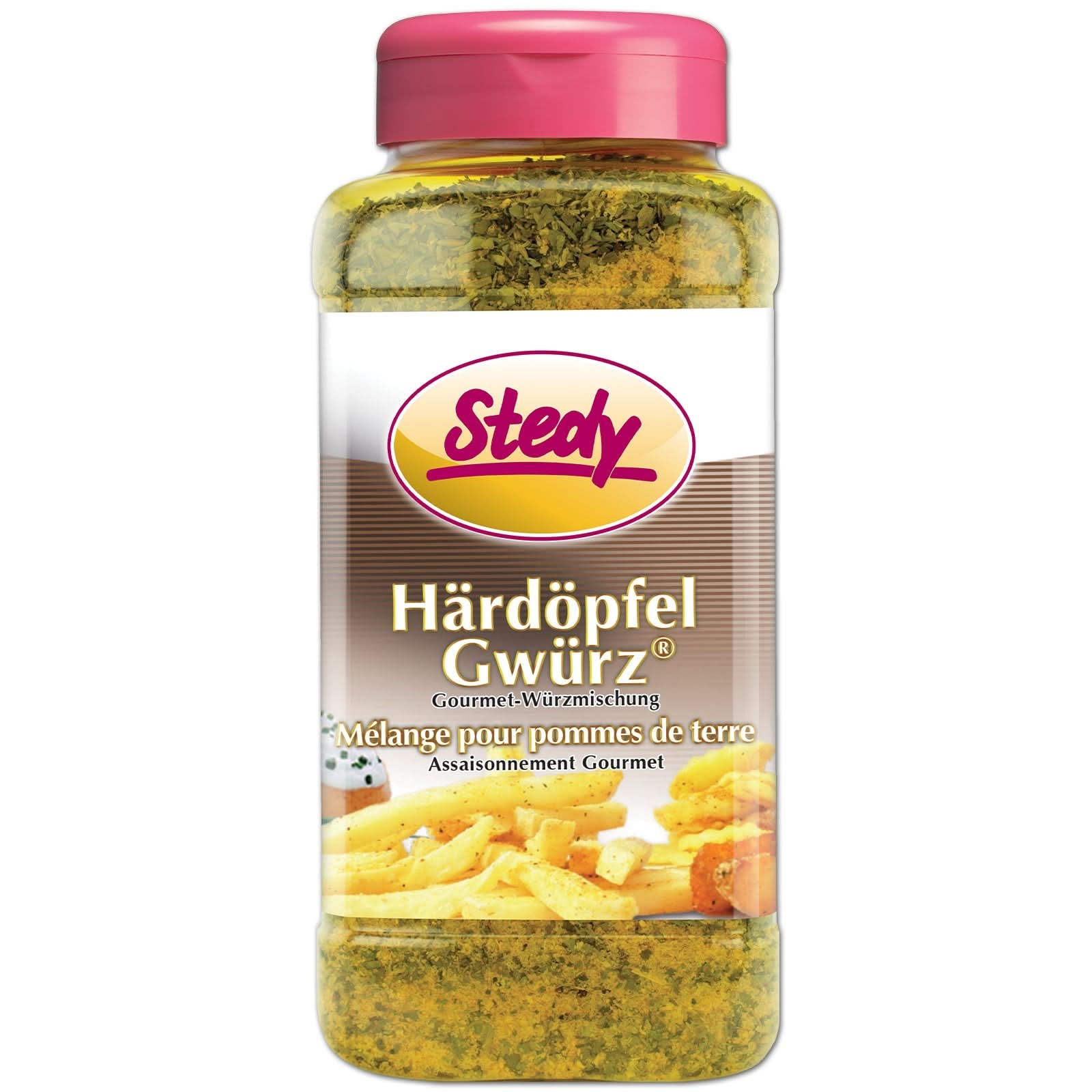 Stedy HärdöpfelGwürz im grossen Streuer mit Serviervorschlag auf dem Etikett