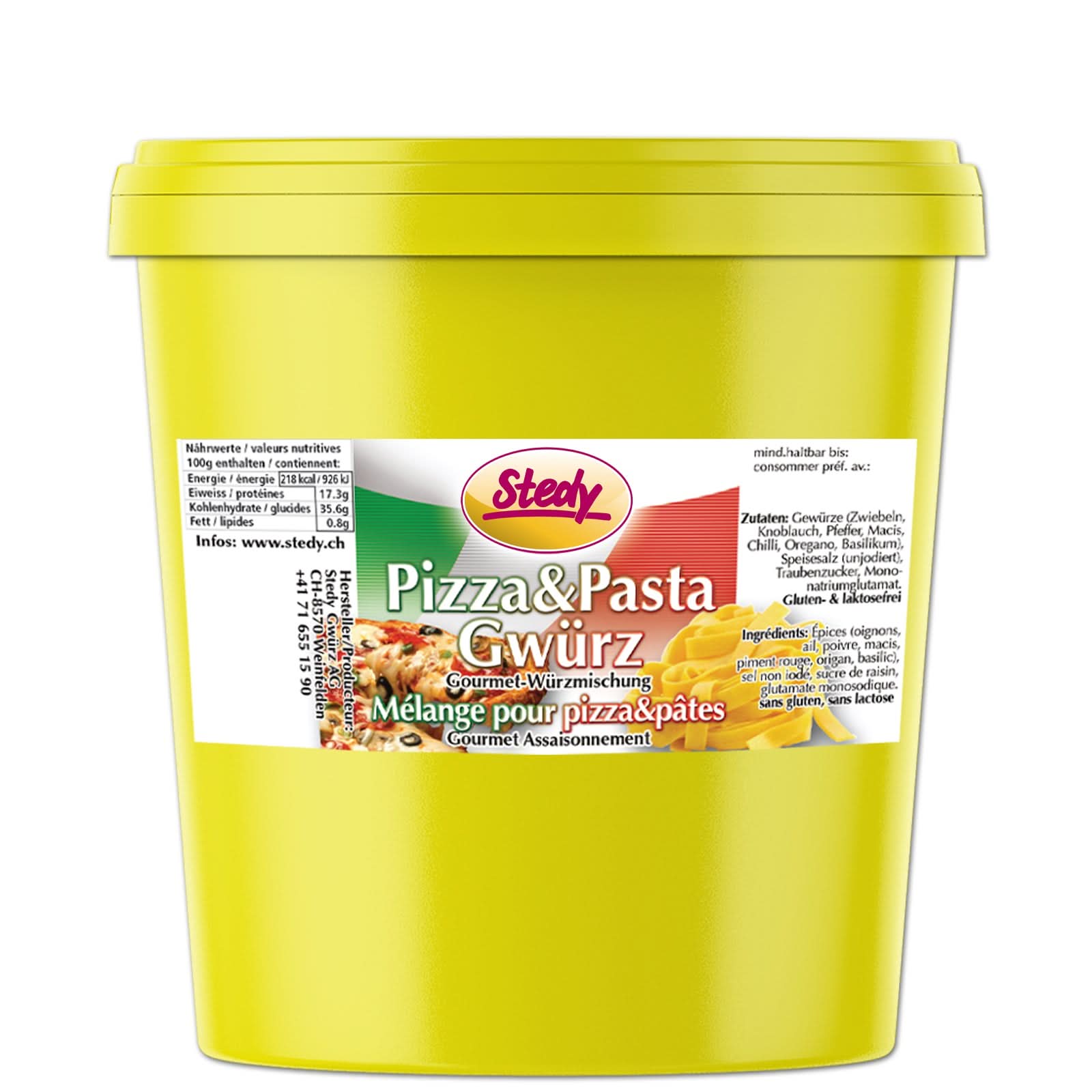 Gelber Gastroeimer mit Etikett Stedy Pizza & Pasta Gwürz für Grossverbraucher.