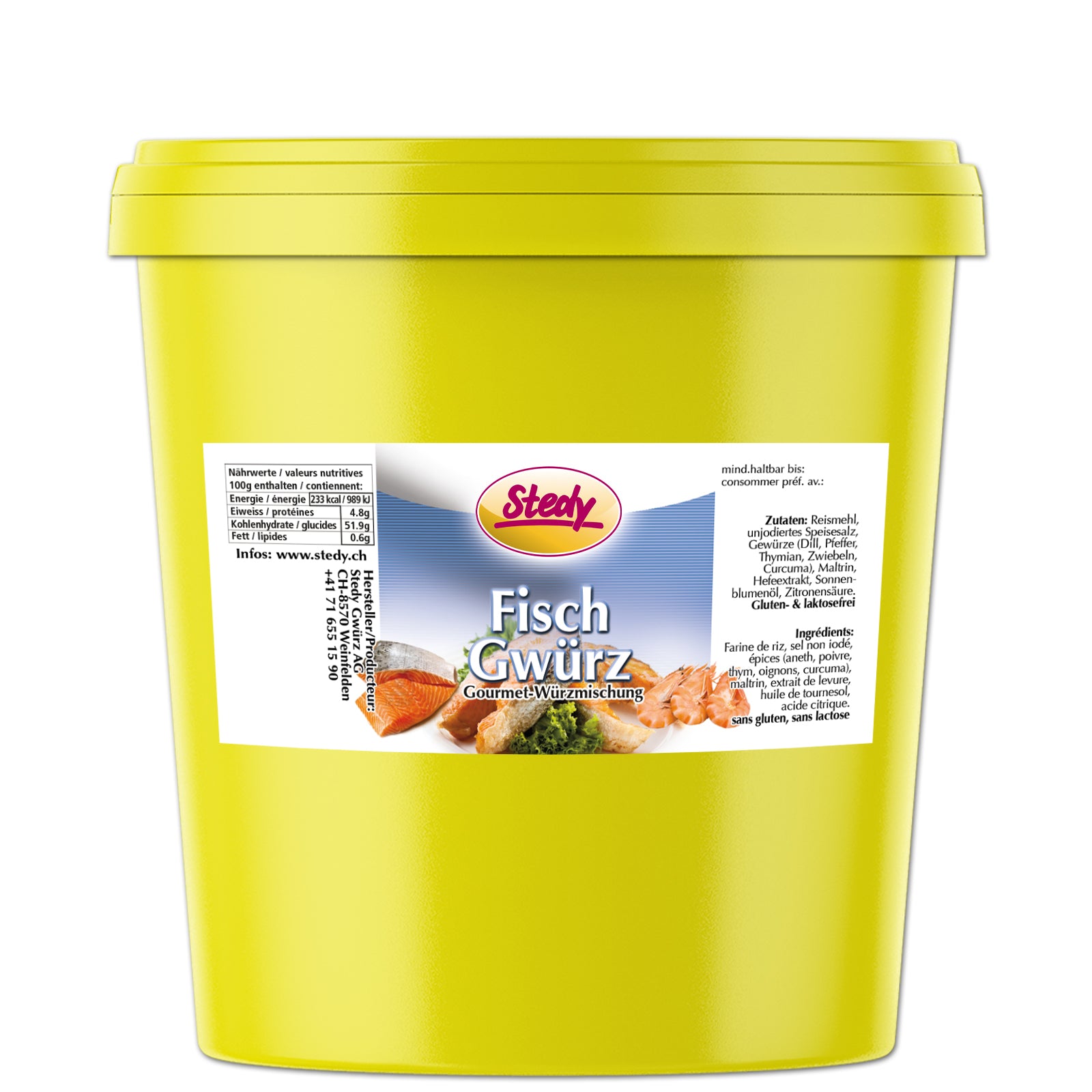 Grosse gelbe Dose Stedy FischGwürz für Gastronomie oder Großverbrauch.