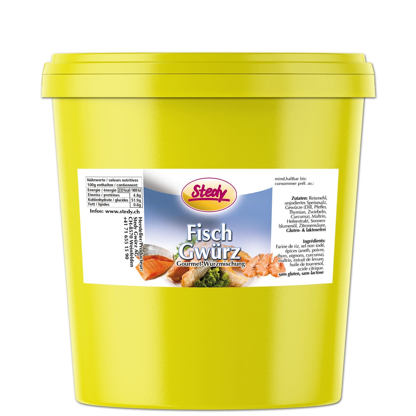 Grosse gelbe Dose Stedy FischGwürz für Gastronomie oder Großverbrauch.