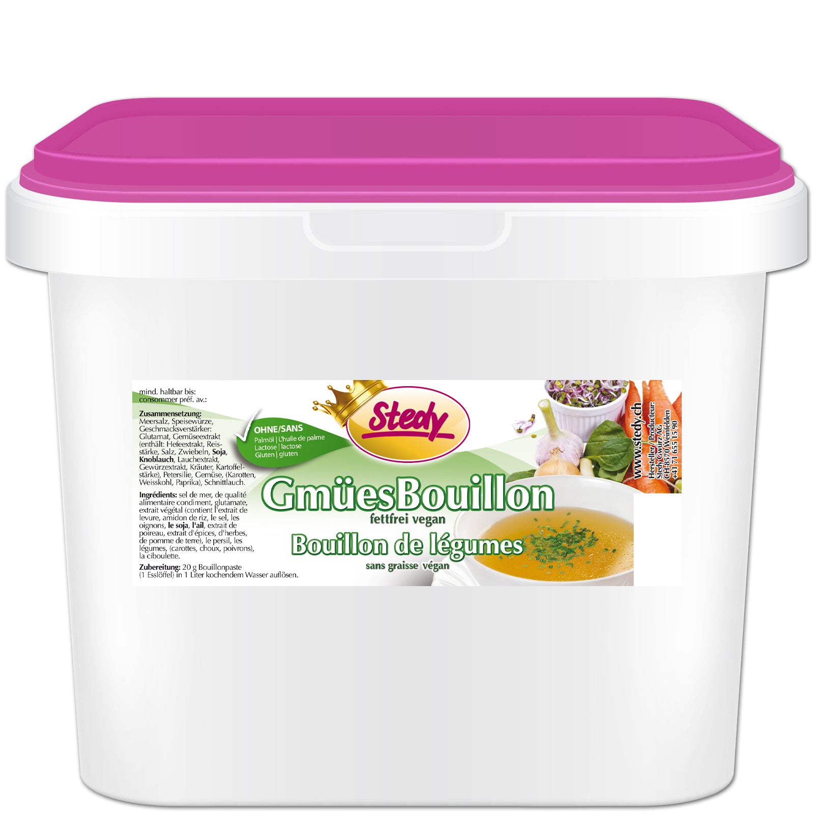 Grosser weisser Gastro-Eimer Gmües Bouillon von Stedy mit pinkem Deckel