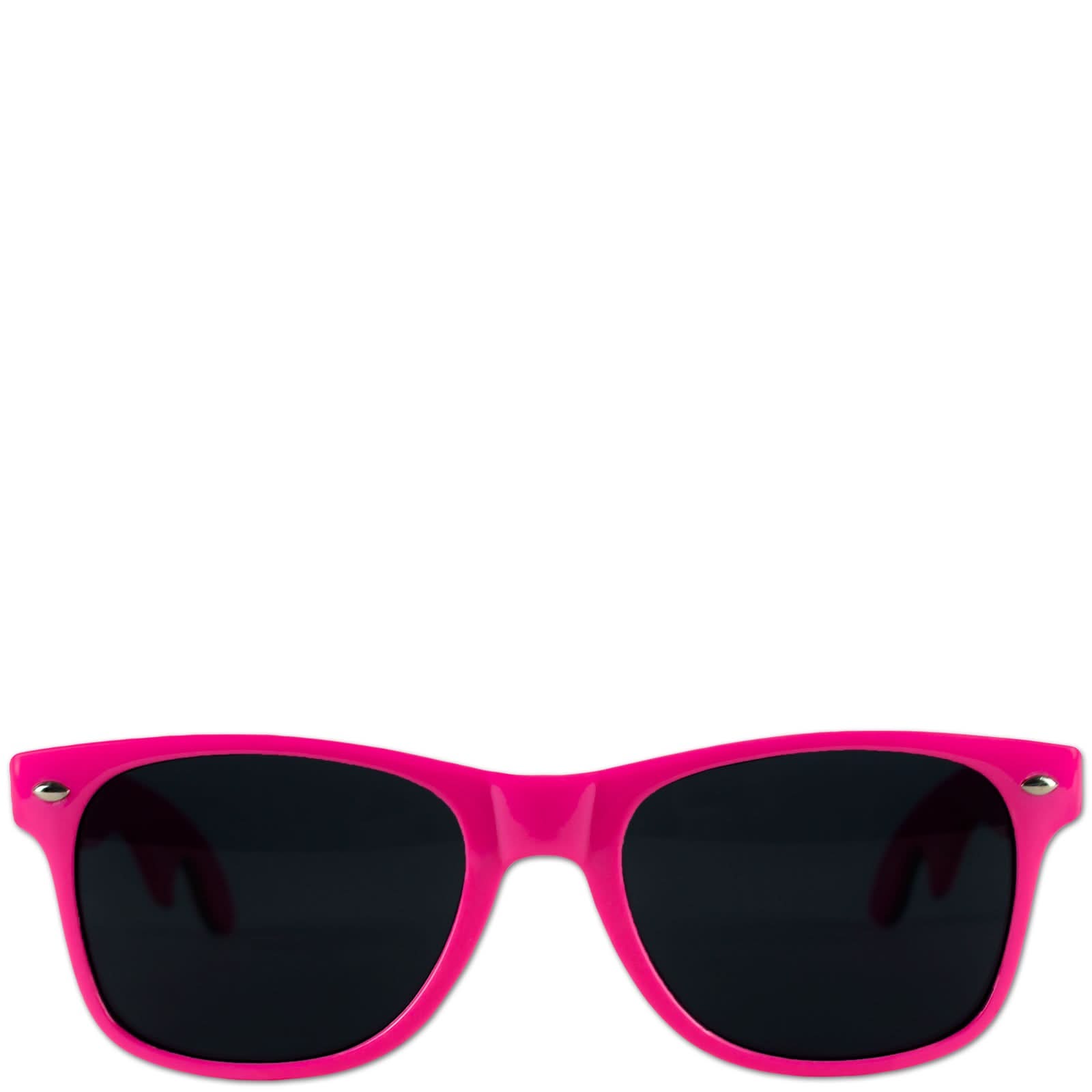 Pinke Sonnenbrille mit schwarzer Linse, Frontansicht auf weißem Hintergrund