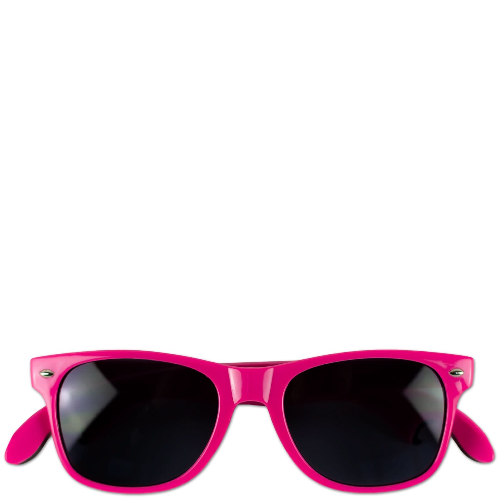 Pinke Sonnenbrille mit schwarzer Linse, Frontansicht auf weißem Hintergrund