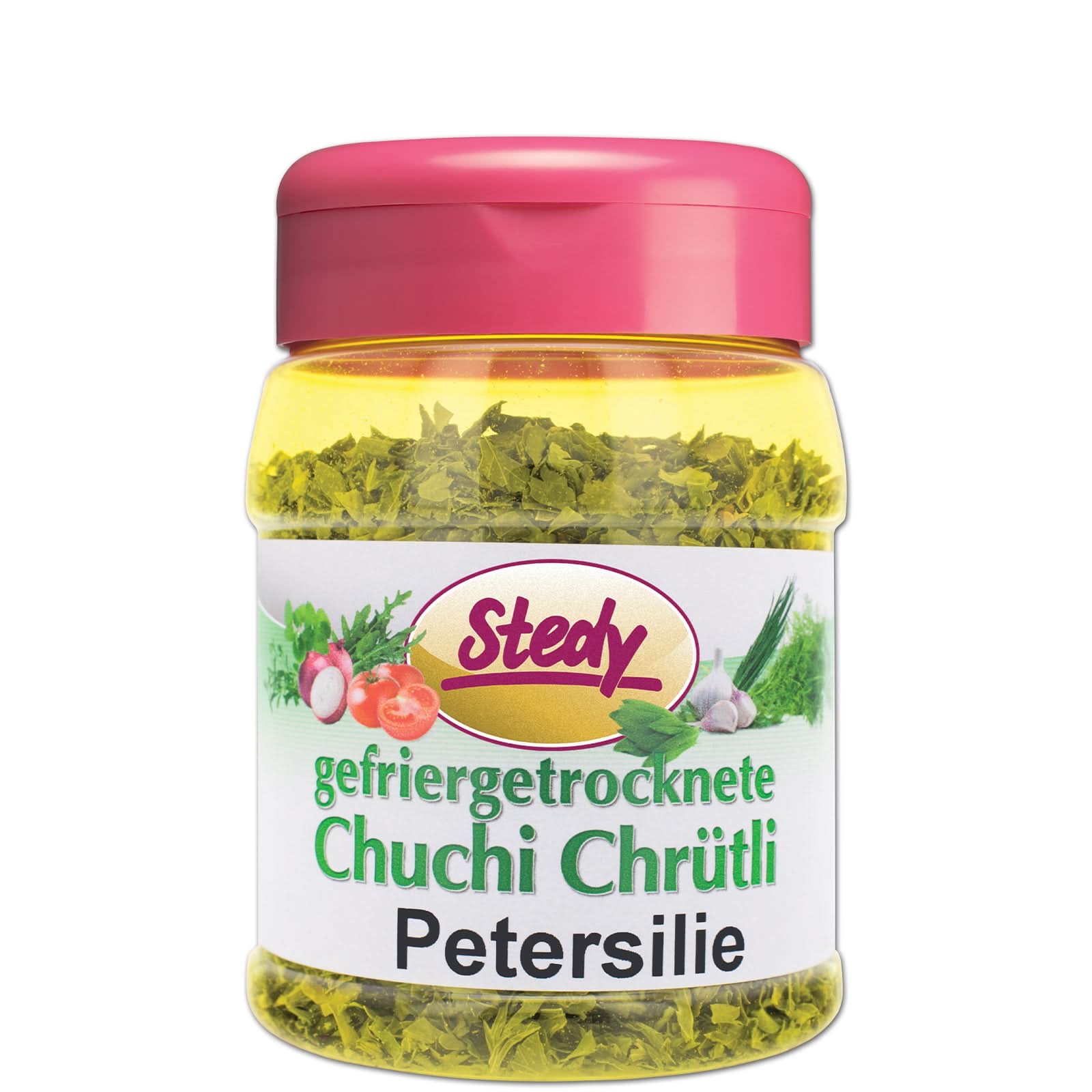 Gefriergetrocknete Petersilie von Stedy im Streuer mit pinkem Deckel.