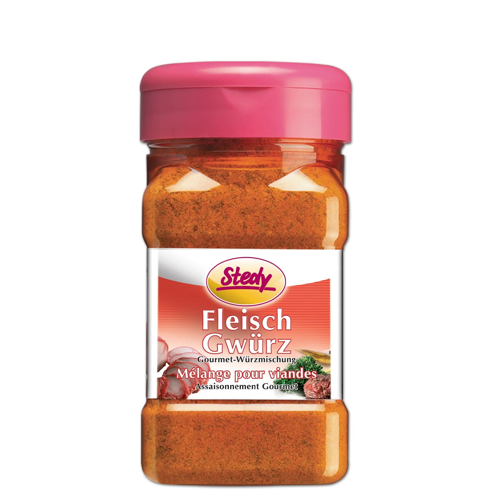 Stedy FleischGwürz im Original-Streuer mit pinkem Deckel, freigestellt auf weissem Hintergrund.