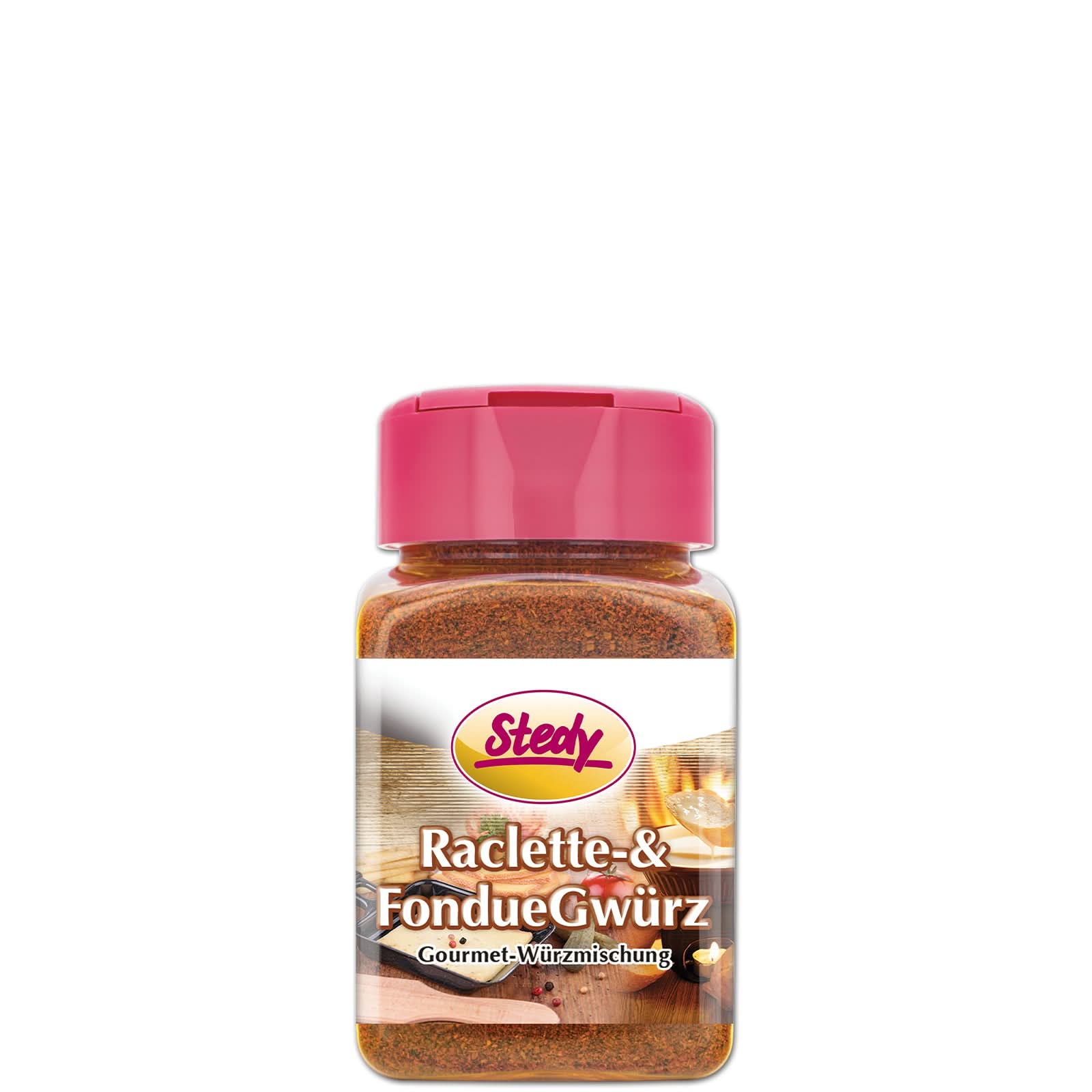 Stedy Raclette- & FondueGewürz im kleinen Streuer – ideal für unterwegs oder kleine Haushalte.