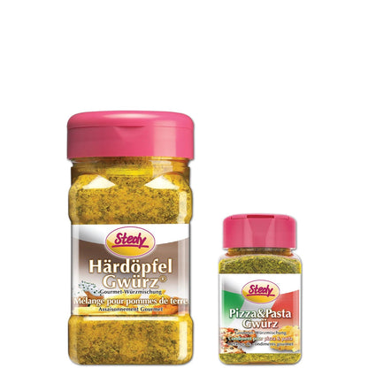 Stedy Härdöpfel Gewürz und Pizza & Pasta Gewürz im Streuer, freigestellt auf weissem Hintergrund