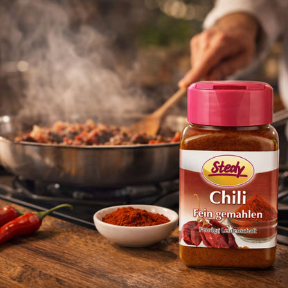Chilipulver im Streuer beim Kochen in Pfanne, würzige Küchenszene mit Dampf