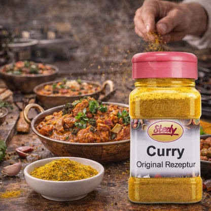Stedy Curry Gewürz neben einem servierten Currygericht mit Reisschale und Gewürzschälchen, dekorativ angerichtet
