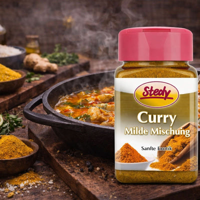 Stedy Curry milde Mischung in Pfanne beim Kochen, stimmungsvolle Küchenszene