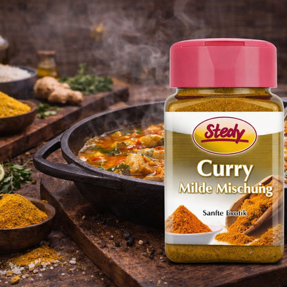 Stedy Curry milde Mischung in Pfanne beim Kochen, stimmungsvolle Küchenszene
