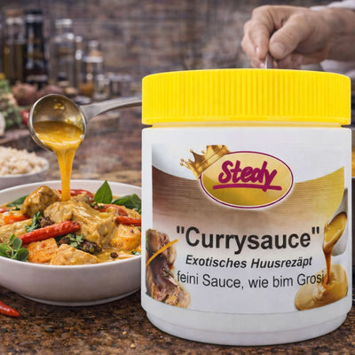 Currysauce von Stedy wird aus dem Becher über ein Gericht gegossen