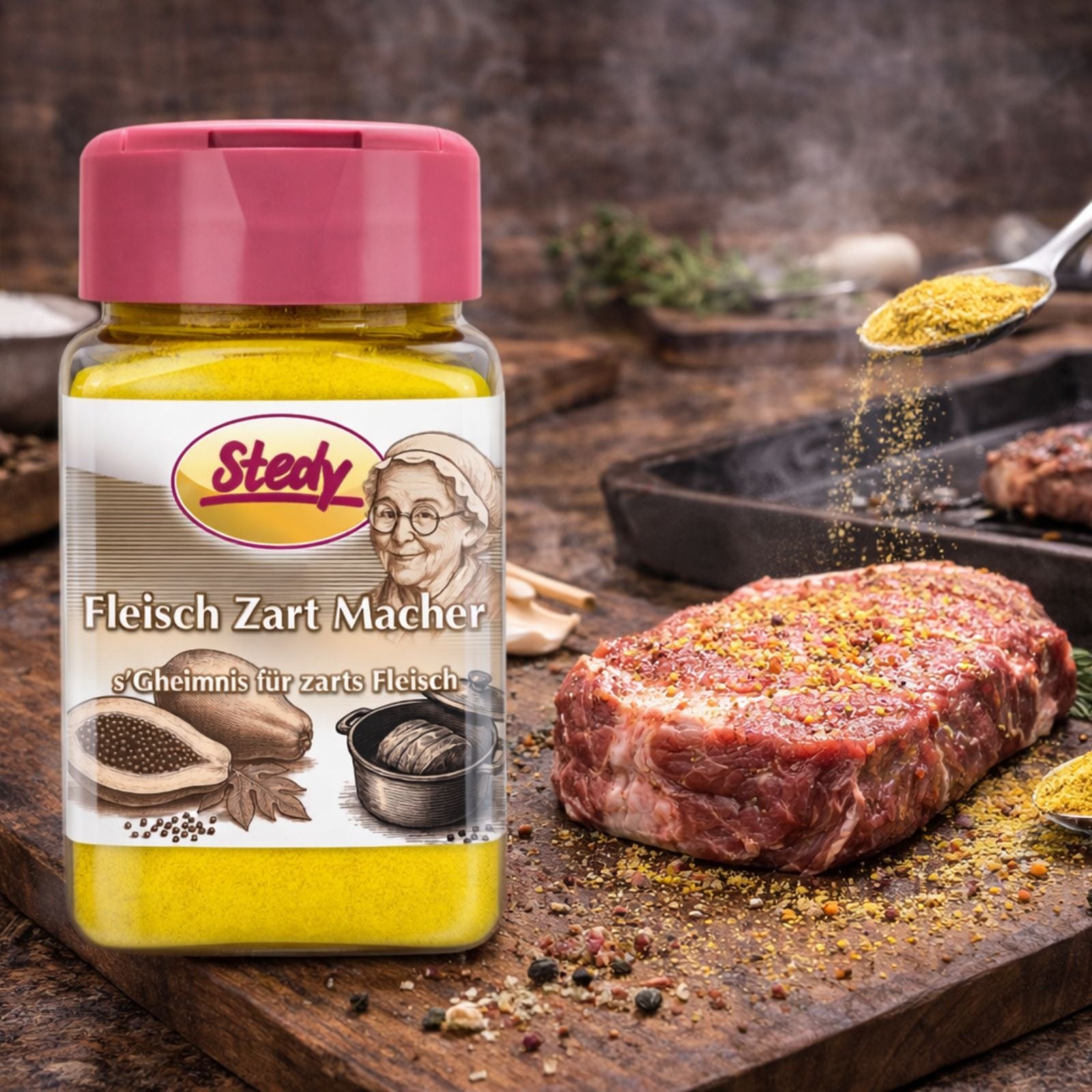 Stedy Fleisch Zart Macher neben gewürztem Steak auf Holzbrett am Grill