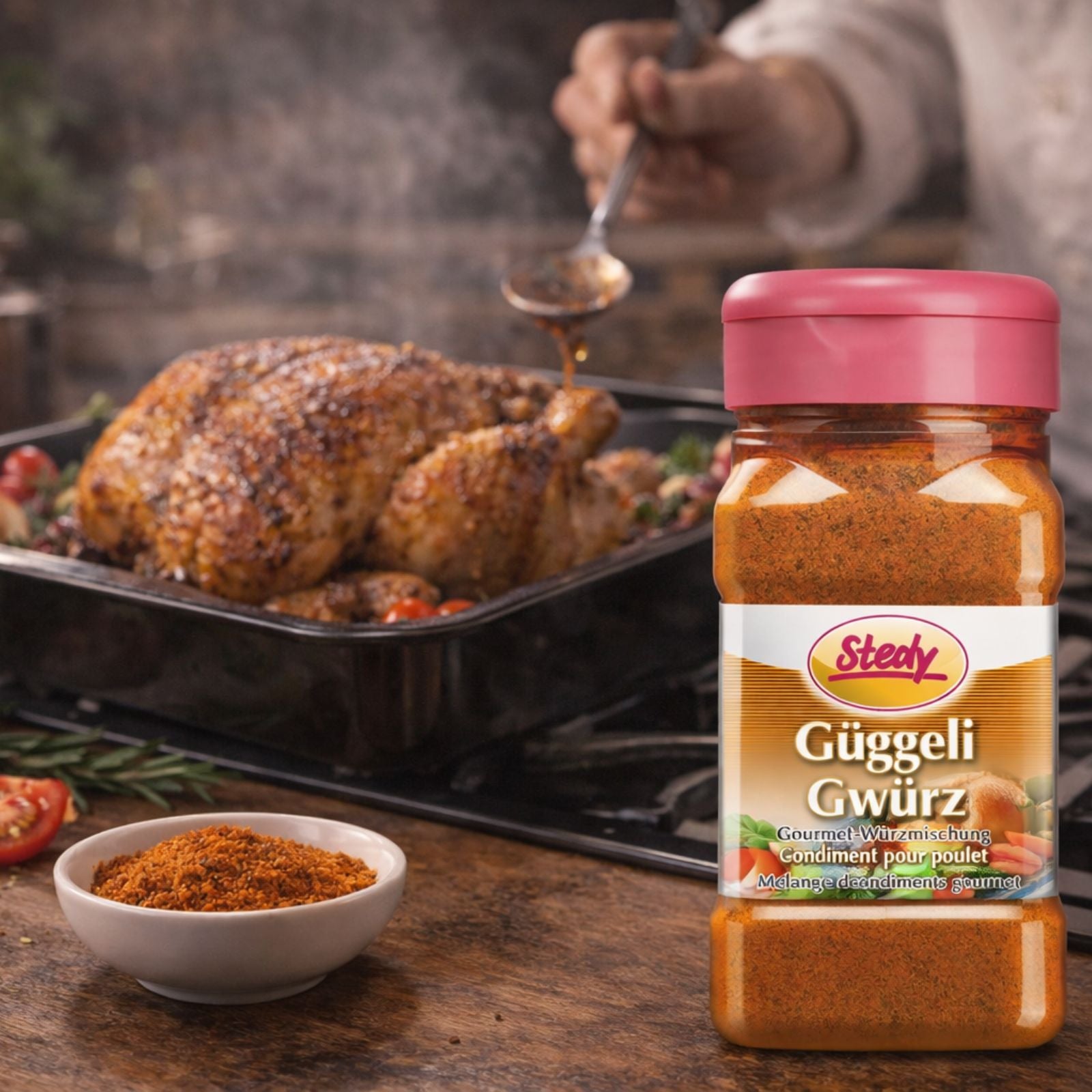 Anwendungsszene: Würziges Brathähnchen im Ofen mit Stedy GüggeliGwürz im Vordergrund.