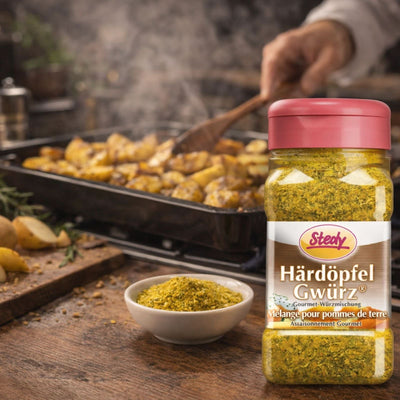 Stedy HärdöpfelGwürz neben servierten Kartoffeln in gemütlicher Küchenumgebung