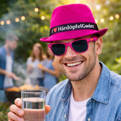 Mann mit pinker Sonnenbrille und Hut bei Grillfest, hält Getränk in der Hand