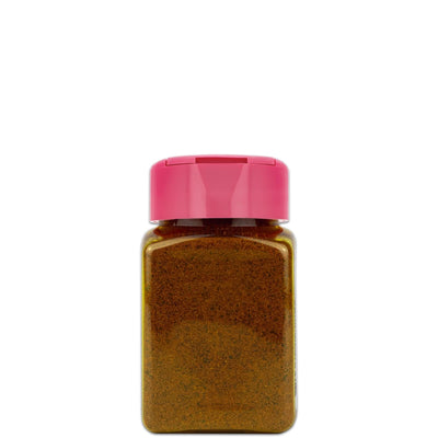 Gewürzstreuer mit fein gemahlener Muskatnuss, Rückansicht vor weissem Hintergrund