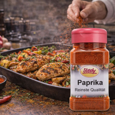 Paprika Gewürzstreuer von Stedy neben einer Bratpfanne mit gewürztem Poulet, Szene aus der Küche mit Hand beim Würzen