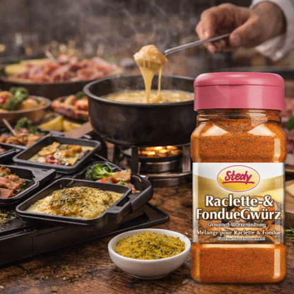 Stedy Raclette- & FondueGewürz neben einem Raclette-Grill und geschmolzenem Käse im gemütlichen Ambiente.