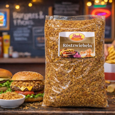Grosspackung Stedy Röstzwiebeln in Küche mit Burger und Pommes