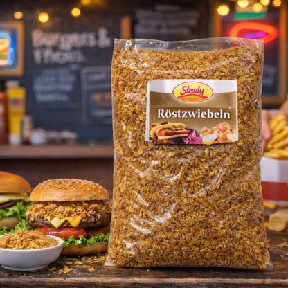 Grosspackung Stedy Röstzwiebeln in Küche mit Burger und Pommes