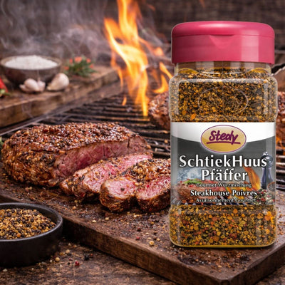 SchtiekHuus Pfeffer von Stedy beim Würzen von Steak auf dem Grill