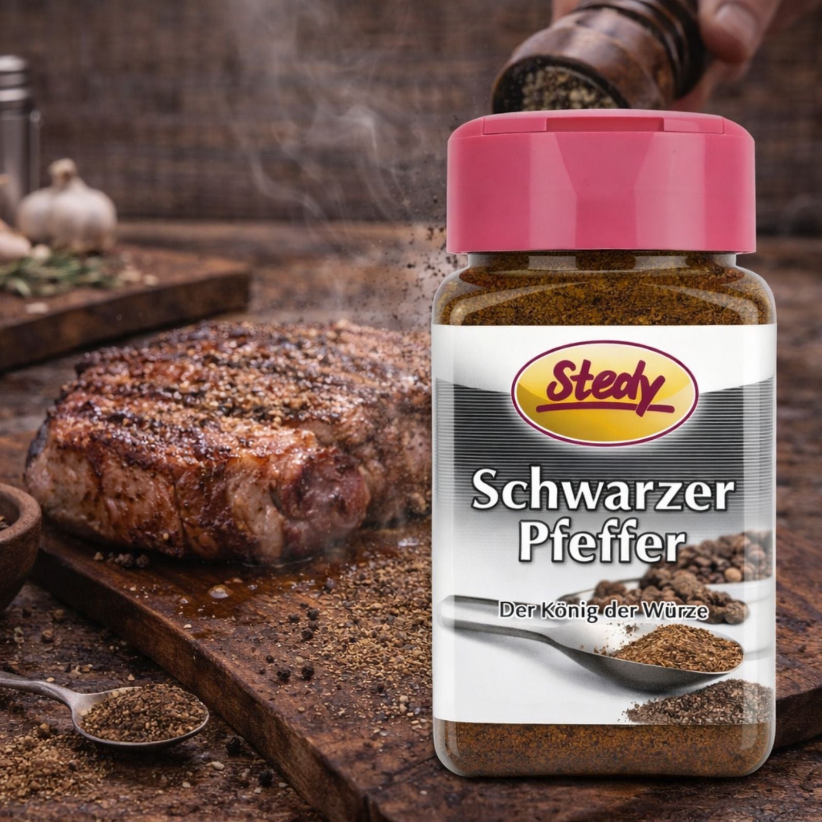 Stedy Schwarzer Pfeffer im Streuer neben gegrilltem Steak in Pfanne