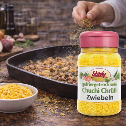 Gefriergetrocknete Zwiebeln von Stedy im Einsatz – angerichtet auf Speisen mit Gemüse