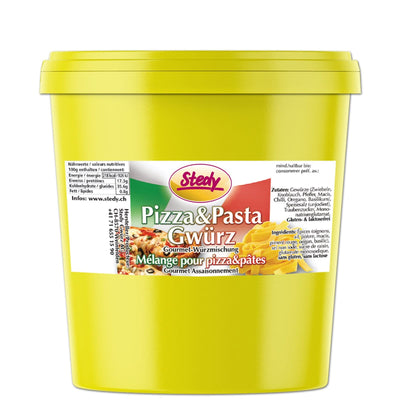 Gelber Gastroeimer mit Etikett Stedy Pizza & Pasta Gwürz für Grossverbraucher.