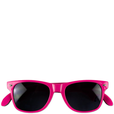 Pinke Sonnenbrille mit schwarzer Linse, Frontansicht auf weißem Hintergrund