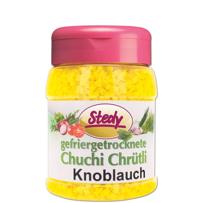 Gefriergetrockneter Knoblauch von Stedy im Streuer mit pinkem Deckel – Gourmet-Würze für jede Küche