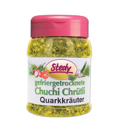 Stedy Quarkkräuter im Streuer mit pinkem Deckel und Etikett mit Gemüseillustration