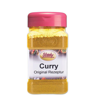 Stedy Curry Gewürz in Original-Rezeptur, gelbes Streugewürz in typischer Dose mit pinkem Deckel