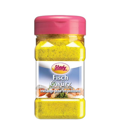 Stedy FischGwürz im Streuer mit pinkem Deckel auf weissem Hintergrund.