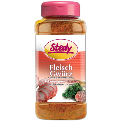 Stedy FleischGwürz im Grossstreuer mit weissem Etikett und rosa Deckel.