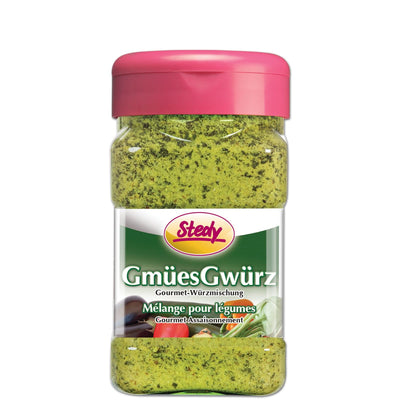 Gmües-Gewürz im Stedy-Streuer mit grünem Inhalt.